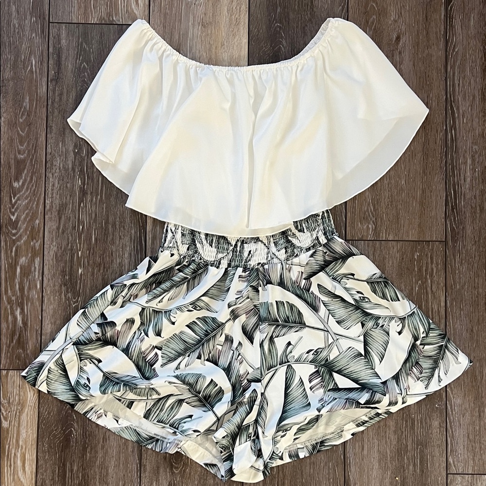 Off-Shoulder Romper with Leaf Print Shorts